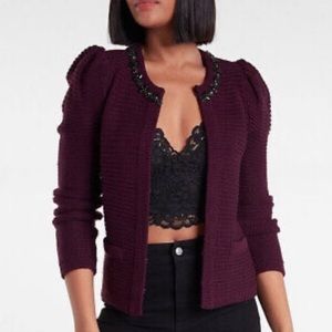 EXPRESS Embellished Rhinestone Collar Puff Shoulders Knit Eggplant Sweater XS